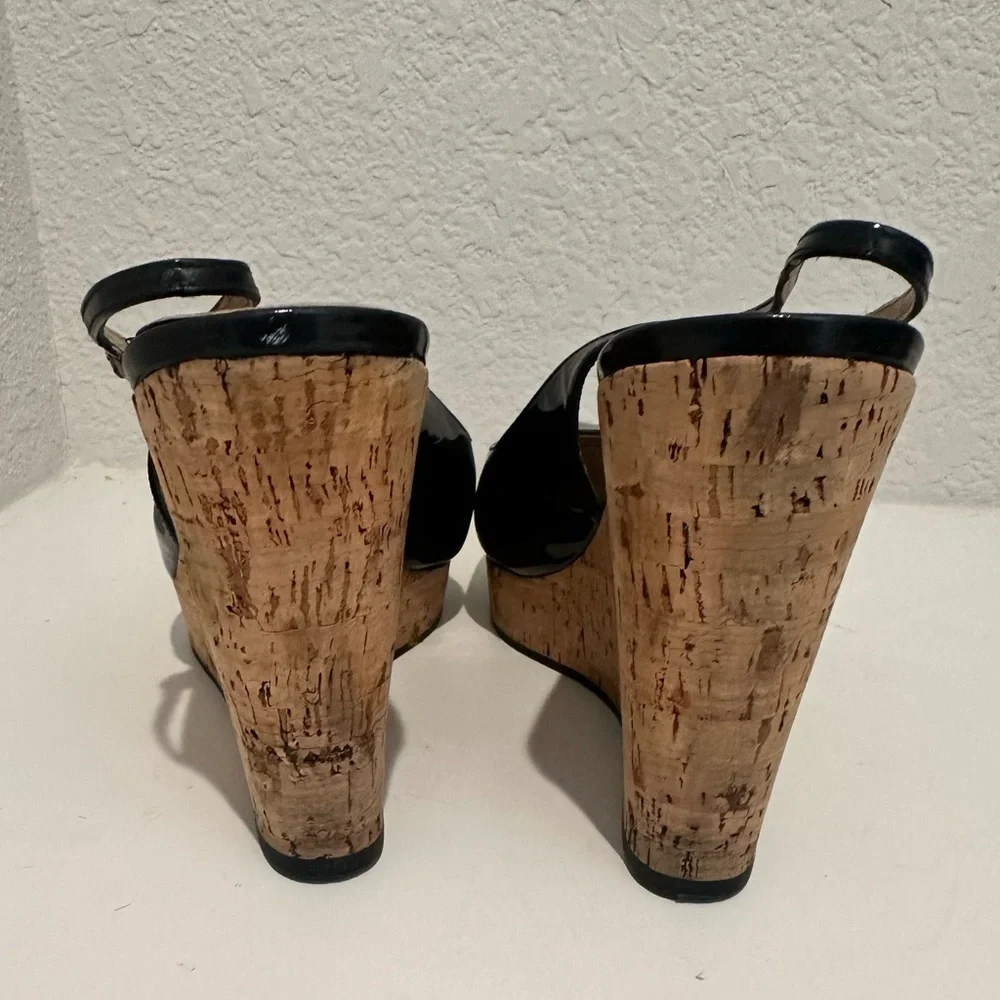 Yves Saint Laurent YSL Black Patent Leather Slingback Cork Wedge Platform EU 40